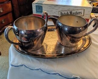 Silver over copper sugar and creamer set