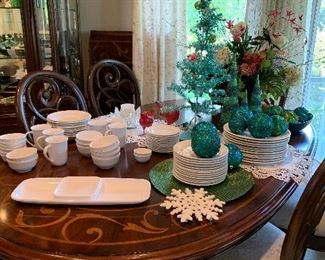 Dining Table, Dishes and Christmas Decorations 