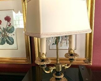 Brass and metal double armed lamp with square shade and brass finial