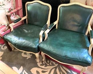 Pair Louis XIV leather arm chairs