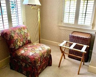Floral slipper chair, standing lamp and luggage rack