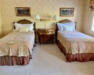Vintage twin cane headboards and custom toile bed linens