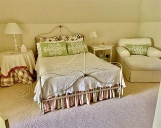 Vintage iron bed, custom bed linens