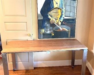 Industrial wood/metal table with caster wheels