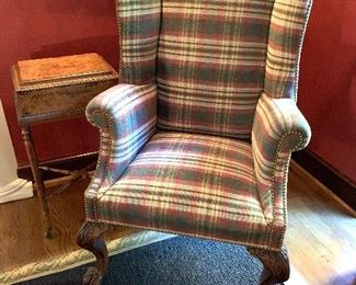 Custom upholstered (Ralph Lauren fabric) wing back, hob nailed arm chair