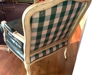 Pair Louis XIV leather arm chairs (checkered back!)