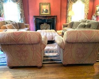 Pair of Beacon Hill  custom upholstered  arm chairs (Ralph Lauren fabric) and twin Beacon Hill sofas
