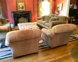 Pair of custom upholstered (Ralph Lauren) Beacon Hill arm chairs and twin Beacon Hill sofas