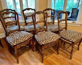 6 French country rush chairs with  custom leopard cushions