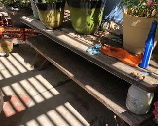 Patio redwood table and benches Roses. hydrangeas strawberry 