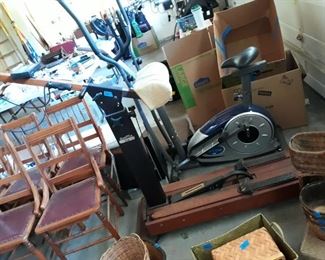 SIX ANTIQUE CHAIRS, ANTIQUE EXERCISE MACHINE
