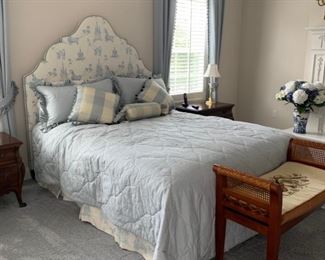 Queen-size blue & white toile custom headboard and bed frame.