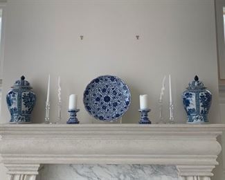 Collection of blue and white Chinoiserie urns, plates, candlesticks and others.
