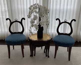 Pair antique 19th Century lyre-back Chairs, upholstered in gold and blue honey bee fabric.