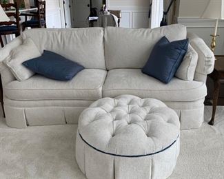 Pair white couches, box pleats, by "Sherrill Furniture".