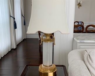 Exquisite brass and glass table lamp with cream textured shade and crystal finial.