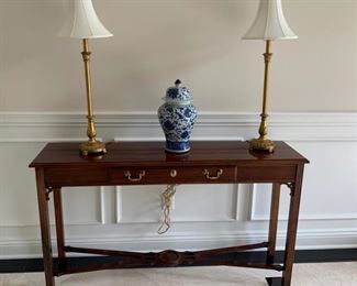Console table, two drawer with brass hardware.