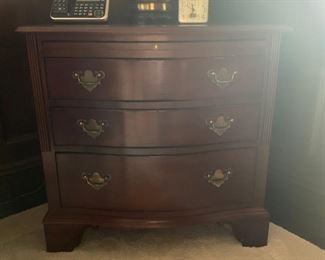 End table, three drawer, brass hardware.