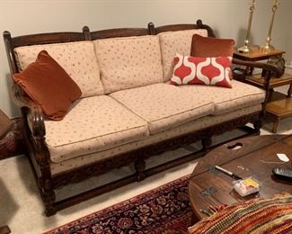Settee, six cushion, upholstered in tiny flower calico fabric.