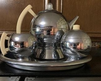 Mid Century electric percolator, cream and sugar on silver tray!