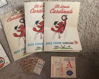 Vintage St. Louis Cardinals scorecards, St. Louis Cardinals rain check tickets, 1962 Kansas City A’s pocket schedule