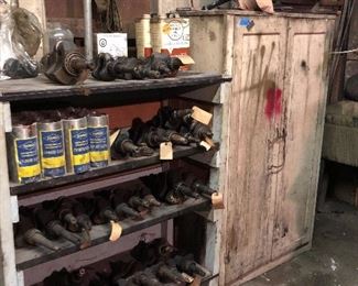 Vintage cabinet with shelves, wood and metal shelving unit, crank shafts, cylinder sleeves and watco  danish oil