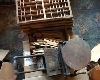 The Excelsior Model 0 antique printing press, antique metal printing press letters (sold in bulk only)