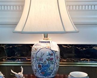 Chinoiserie Style Table Lamp, Herend Cachepot with Rams Head Handles
