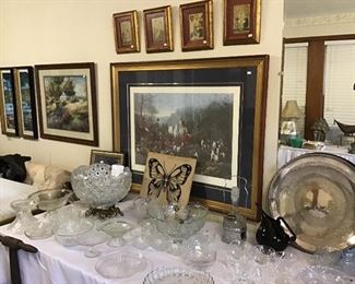 Vintage silver plate platter, crystal and cut glass punch bowls, various antique compotes and serving plates. Haywood Hardy “RUN TO EARTH” print