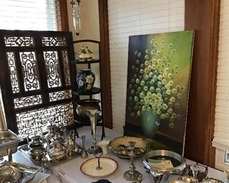 Sterling and silver plate services. Hand carved panel, Daisies in blue vase oil on canvas.