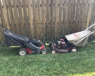 Two vintage self propelled Snapper mowers with rear leaf bags. Both machine cranks and run.
