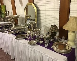 Silver plate catering supplies. Table skirts and runners. Table cloth clips. Serving utensils.