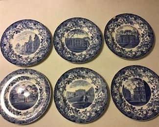 Six wedgewood plates depicting 1927 era Harvard university landmarks.