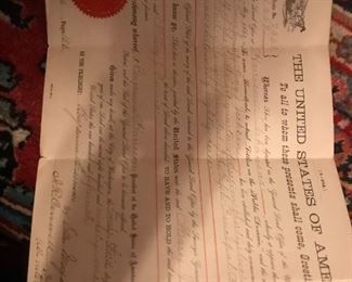 homesteading act document signed in two places by President Harrison Many more title and deed documents