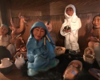 A broader view of the Native American hand sculpted Nativy set 