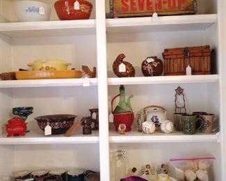 Vintage Pyrex pieces, Seven Up crate, Candles and more