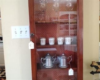 Tabletop or wall Curio Cabinet with 4 Shelves. Pewter Cream and Sugar, 4 Demitasse cups (no saucers), Swarorvski Owl on a Faberge stand, Vintage Ceramic Hound, marble rabbit