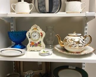 Fitz & Floyd dinner plates, vintage clock, vintage glass