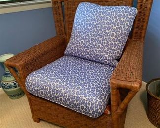 3. Ralph Lauren Wicker Chair w/ Cheeta Print Blue Upholstery (36" x 27" x 43")