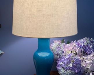 10. Pair of 30" Turquoise Ceramic Lamps w/ Wood Bases