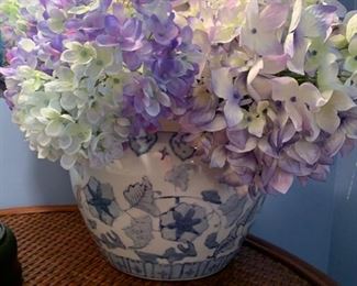 16. 8" Decorative Blue & White Asian Pot w/ Silk Hydrangea Arrangement