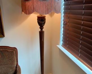31. 72" Carved Wood Floor Lamp w/ Silk Tassled Shade & Brass Elephant Finial