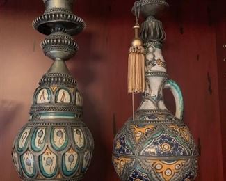 23. 17" Antique Moroccan Ceramic and Metal Jar with Lid
