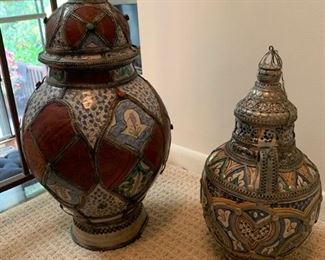 23. 25" Antique Moroccan Ceramic and Metal Jar with Lid