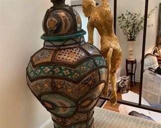 24. 25" Antique Moroccan Ceramic and Metal Jar with Lid