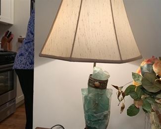 54. 22" Chinese Carved Quartz Lamp with Carved Wood and Brass Base