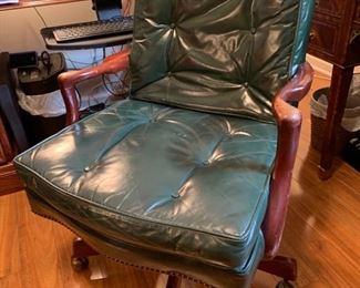 50. Vintage Tufted Green Leather Swivel Office Chair w/ Brass Casters (25" x 22" x 37")