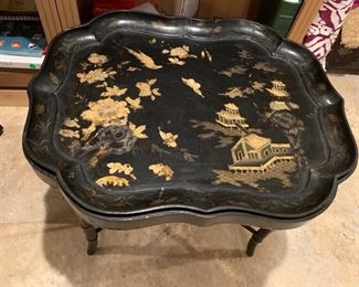 102. Antique Asian Tray Top Scalloped Edged Table in  Black & Gold (25" x 21" x 20")