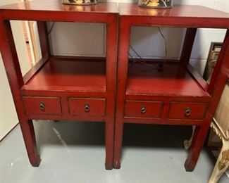 105. Pair of Asian Oxblood Side Tables w/ 1 Shelf, 2 Drawers (19" x 19" x 34")