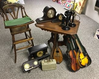 Antique Wood High Chair w/ porcelain tray, Antique Accent Table, Vintage Clocks, Radio's & Candlestick Ohones, Fiddle w/ Bow, Mandolin